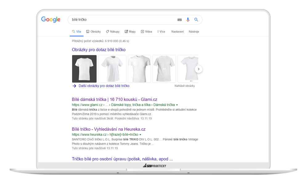 TOP stránky v organickém vyhledávání na KW "bílé tričko"